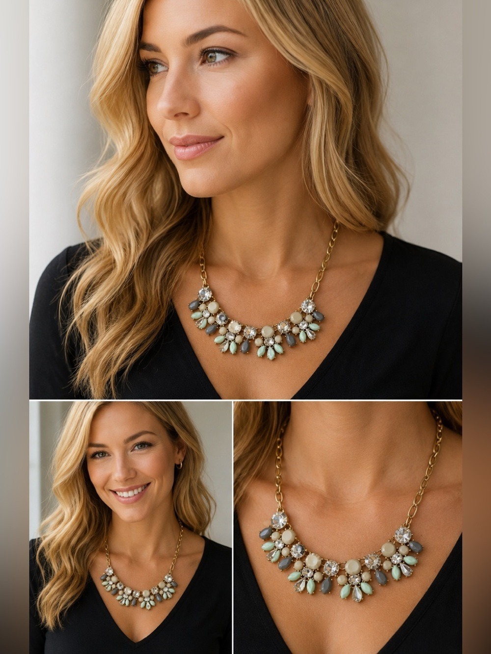 J. Crew gray taupe light green clear jewelled statement necklace